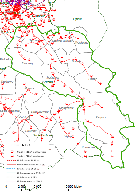Rysunek 1. Schemat istniejącej sieci WN i SN na terenie gminy Sękowa. 4.2.2. Oświetlenie uliczne Według danych otrzymanych od TAU