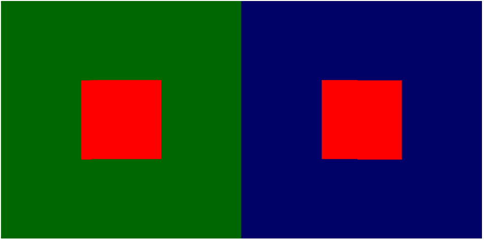 czerwony kwadrat umieszczony na zielonym tle wydaje się