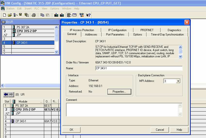 konfigurację sprzętową. Podłączamy sterownik CPU 315-2 DP do utworzonej sieci Ethernet(1), wykorzystując procesor komunikacyjny CP 343-1.