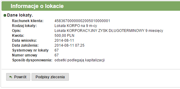 3.5.2.1. Podgląd informacji dotyczących lokat W celu wyświetlenia szczegółowych informacji o lokacie (rys. 3.45) należy wybrać lokatę z listy, a następnie kliknąć przycisk.
