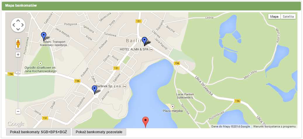 3.12. Bankomaty I-Bank korzystając z systemu Google Maps umożliwia klientom banku lokalizację najbliższego bankomatu na podstawie aktualnej pozycji. 3.12.1. Mapa bankomatów W celu wyświetlenia informacji o bankomatach należy z menu głównego wybrać zakładkę Bankomaty, a następnie Mapa bankomatów.
