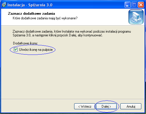 Jeżeli chcemy aby instalator utworzył skrót do programu na pulpicie, pozostawiamy zaznaczoną opcję Utwórz