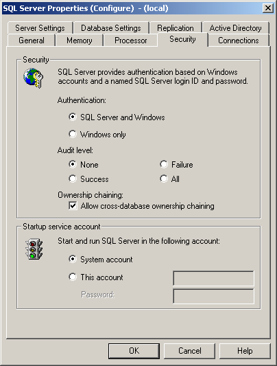 W oknie SQL Server Properties (Configure) (local) proszę wybrać zakładkę Security i w pozycji