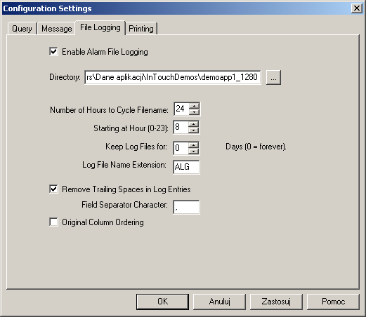 Konfiguracja programu Alarm Printer Proszę uruchomić Menu Start\Programy\Wonderware\InTouch\Alarm Printer, wybrać z menu opcję Configuration (Konfiguracja), a następnie zakładkę File Loggging