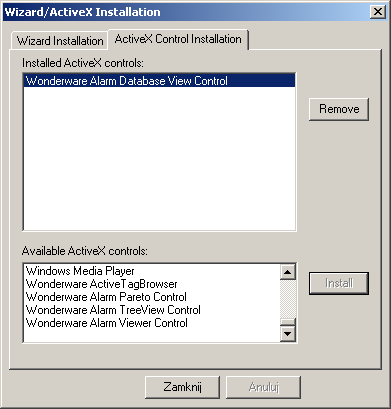 Gdy obiekt zostanie zainstalowany w oprogramowaniu InTouch, jego nazwa pojawi się w górnym oknie o nazwie: Installed ActiveX controlls (Zainstalowane obiekty ActiveX).