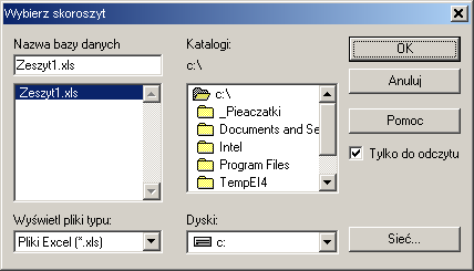 W oknie Tworzenie nowego źródła danych naleŝy zaznaczyć Driver do Microsoft Excel (.xls) lub Microsoft Excel driver (.xls) i nacisnąć przycisk Zakończ.