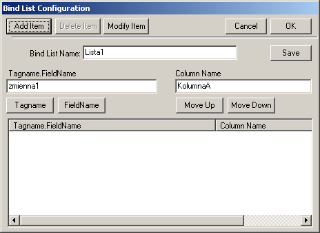 W oknie Bind List Configuration naleŝy zdefiniować listę