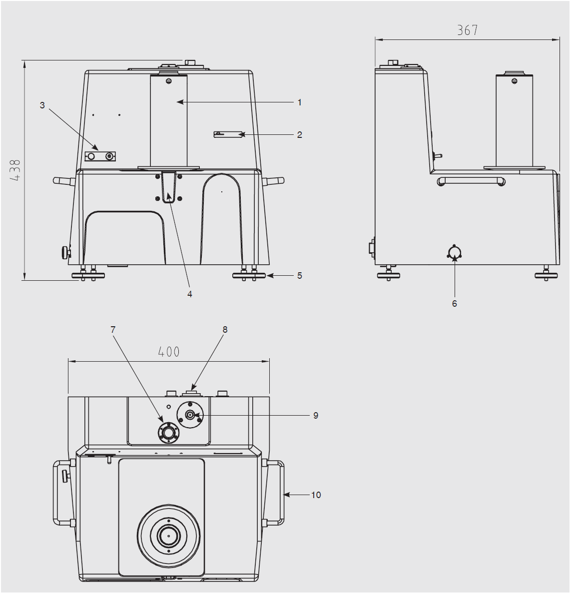 Wymiary w mm Model CPB6000-PL Widok z przodu Widok z boku Widok z góry (1) Układ tłokowo-cylindrowy włącznie z dzwonem ciężarków (2) Poziomnica referencyjna (3) Przełącznik On/Off silnika (4) Okienko