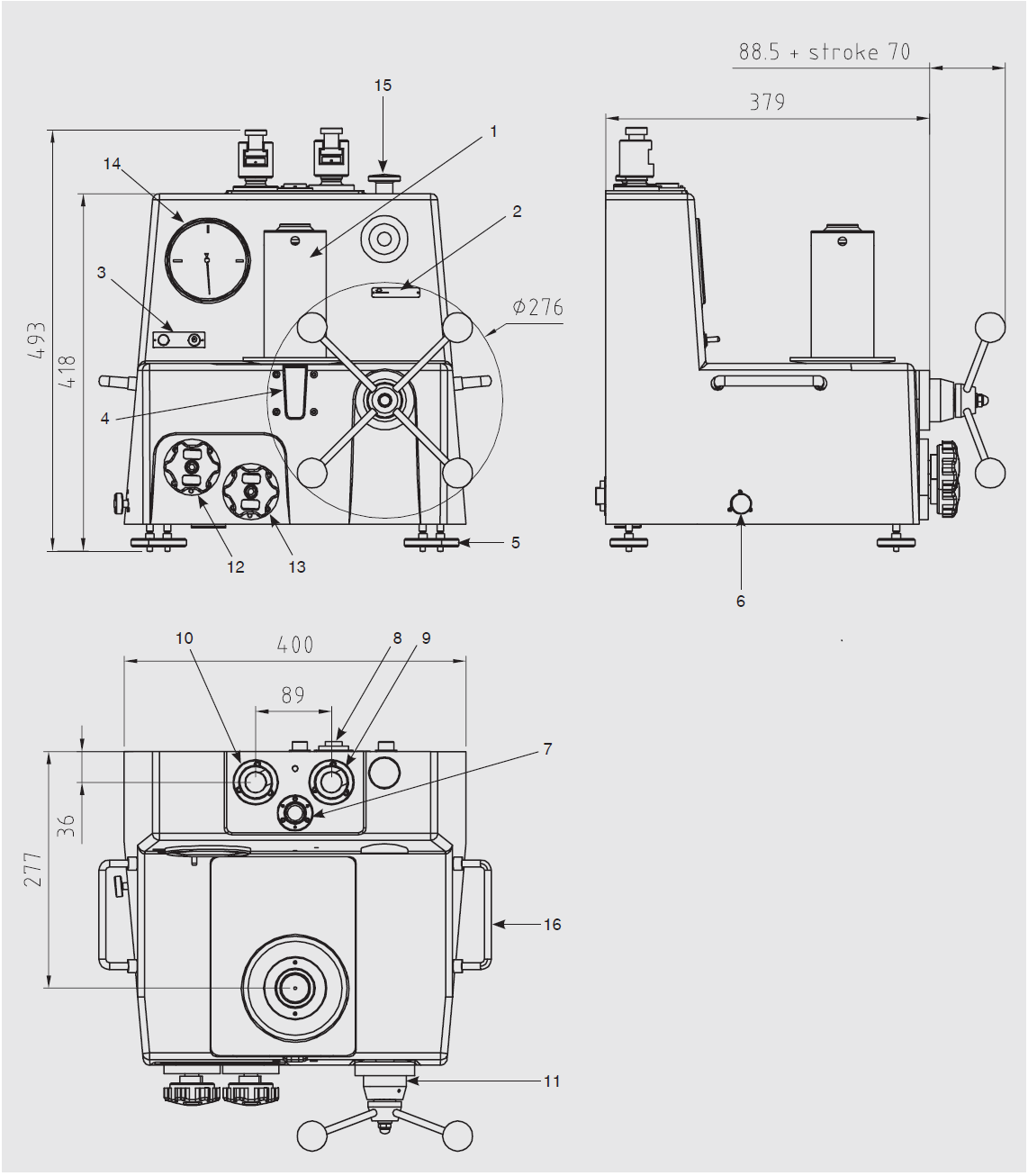 Model CPB6000-PX Widok z przodu Widok z boku Widok z góry (1) Układ tłokowo-cylindrowy włącznie z dzwonem ciężarków (2) Poziomnica referencyjna (3) Przełącznik On/Off silnika (4) Okienko wskaźnika
