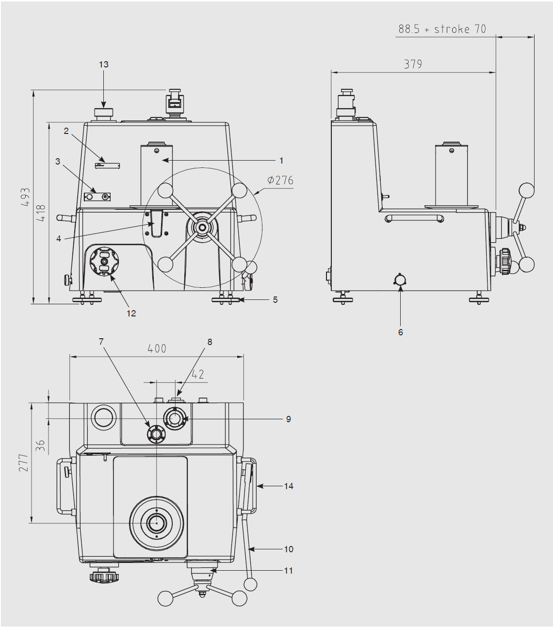 Model CPB6000-HL Widok z przodu Widok z boku Widok z góry (1) Układ tłokowo-cylindrowy włącznie z dzwonem ciężarków (2) Poziomnica referencyjna (3) Przełącznik On/Off silnika (4) Okienko wskaźnika