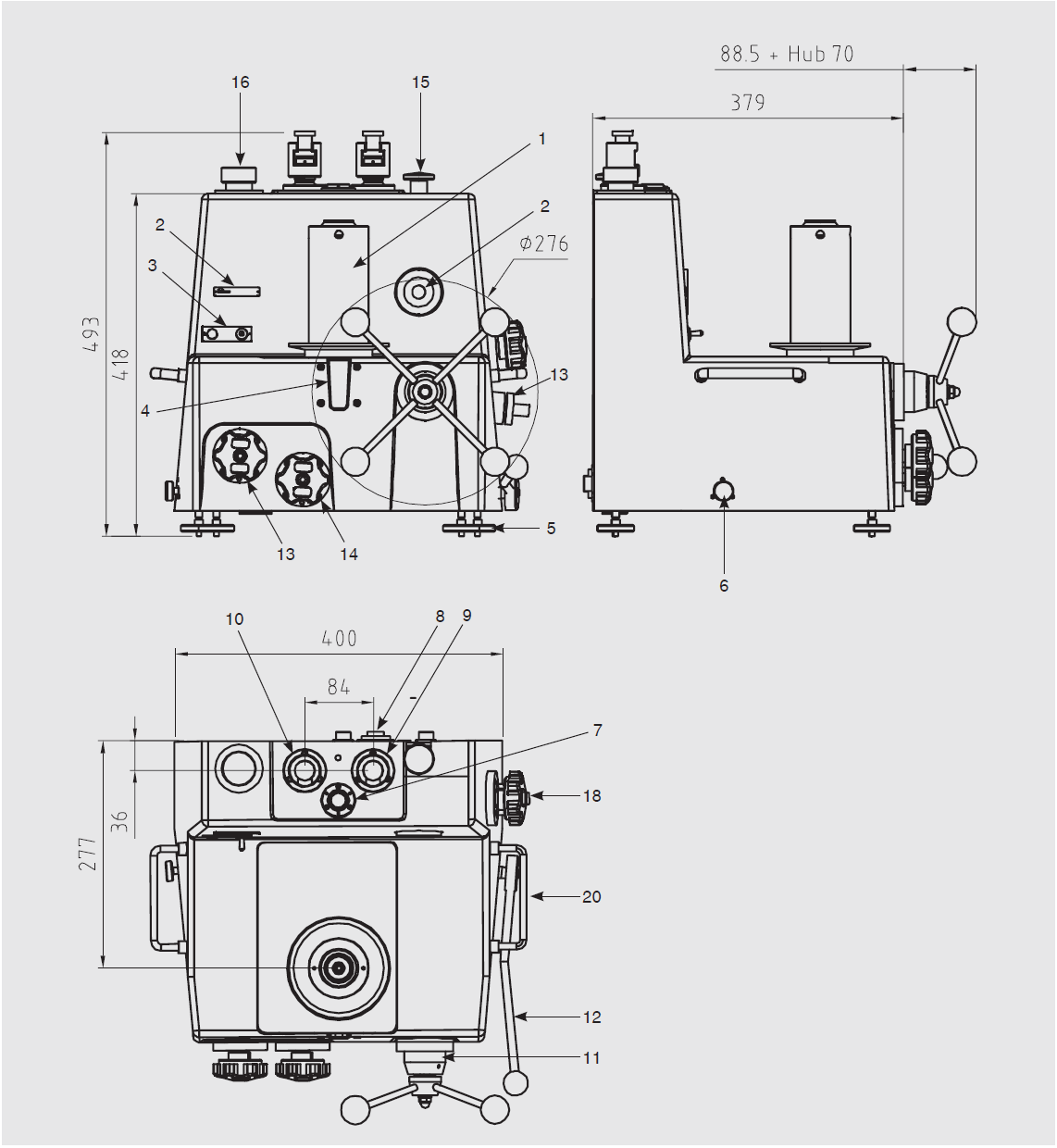 Modele CPB6000-HX i CPB6000-HS Widok z przodu Widok z boku Widok z góry (1) Układ tłokowo-cylindrowy włącznie z dzwonem ciężarków (2) Poziomnica referencyjna (3) Przełącznik On/Off silnika (4)