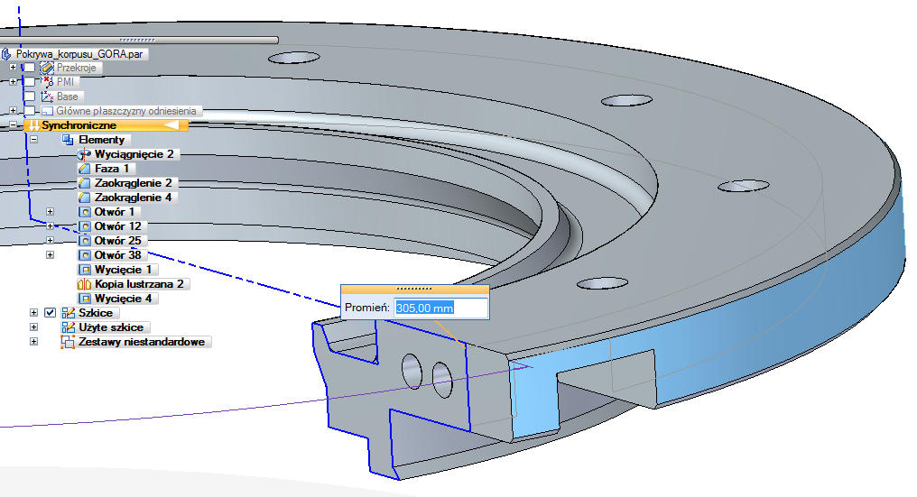 Rysunek 4: Uszkodzenie modelu brak relacji geometrycznych 2D w profilu operacji powoduje utratę ciągłości bryły w trakcie modyfikacji geometrii (brak geometrii 3D i widoczne błędy w drzewie operacji).