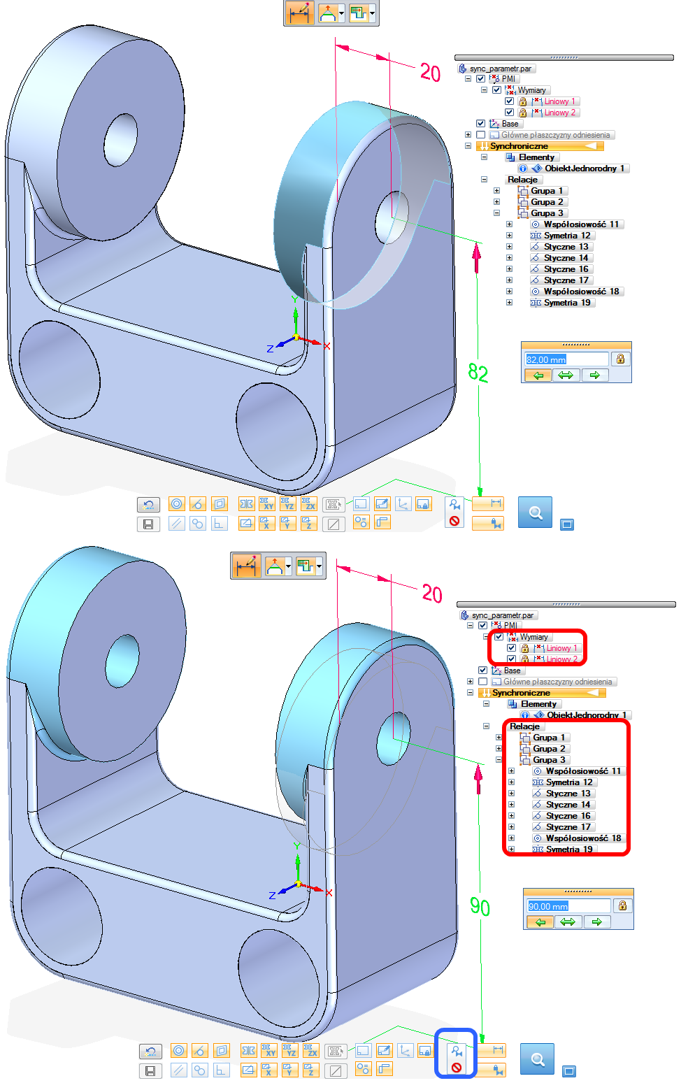 Rysunek 6: Parametryczny model importowany wprowadzone relacje lic 3D i wymiary zablokowane 3D; w