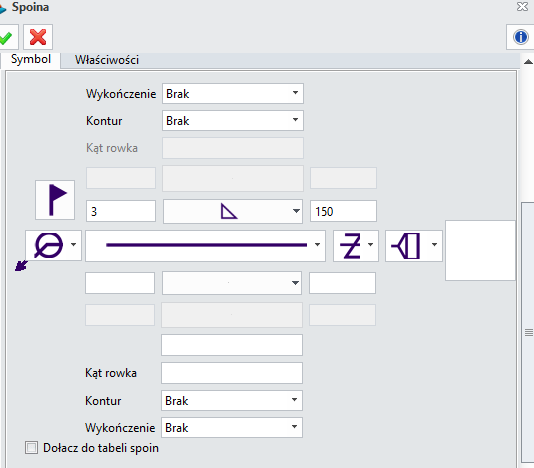 3.9.4 Nowe Poziome/Pionowe Prowadzenie dla Tolerancji (wszystkie wersje) 3.9.5 Dołączanie do tabeli spoin (wszystkie wersje) Nowa opcja "Dołącz do tabeli spoin " pozwala kontrolować, czy symbole spoiny zostaną wymienione w tabeli.