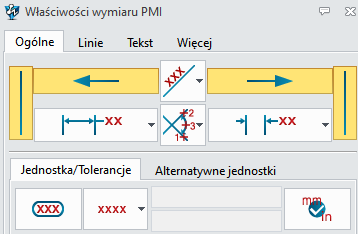 Możesz zmienić właściwości wymiaru : zakładka PMI PMI właściwości wymiarów 1.