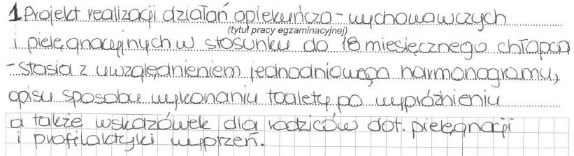 W pracy egzaminacyjnej oceniany był: Opiekunka dziecięca 322[21] 1. Tytuł pracy egzaminacyjnej. Większość prac opatrzona była tytułem, który odnosił się do zawartości projektu realizacji prac.