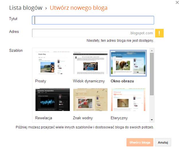 Po lewej stronie klikamy w opcję Nowy blog Wpisujemy tytuł naszego