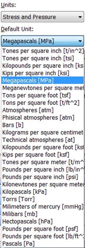 Program obsługuje pełny zakres możliwych grup jednostek i jednostek. Dostępne jednostki dla przykładowo wybranej grupy [Naprężenie i ciśnienie].