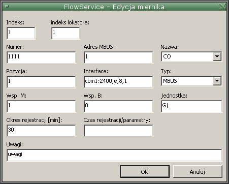 Rys. 2 Okno edycji miernika W przypadku wprowadzania kolejnego miernika, wiele pól się powiela w kolejnym, nowym formularzu celem przyśpieszenia procesu wprowadzania.