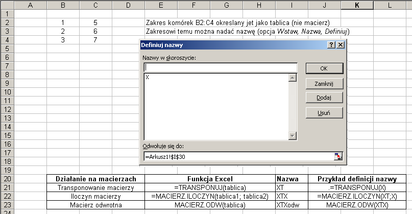 Rachunek macierzowy a MS Excel