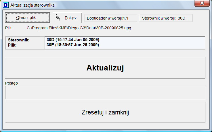 Aktualizację należy przeprowadzić w następujący sposób: Należy kliknąć Otwórz plik i wybrać plik aktualizacji zawierający program, który ma być wgrany do sterownika.