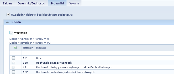 Zestawienie Obroty na kontach Ograniczenia rozdziałów, pozycji w paragrafach, źródeł finansowania, kontrahentów, kont lub zadań dokonuje się na karcie Słowniki.