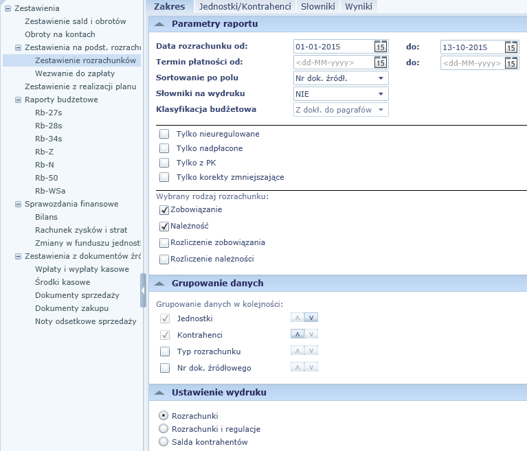 Zestawienie rozrachunków Zestawienie rozrachunków Funkcja ta umożliwia utworzenie zestawienia z wprowadzonych do programu rozrachunków wraz z informacją o ich regulacjach.