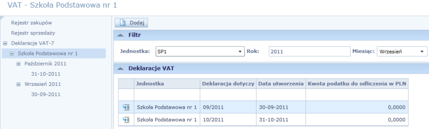 Po weryfikacji poprawności danych i wciśnięciu przycisku program utworzy deklarację i zostanie ona wyświetlona z lewej strony w drzewie Deklaracji VAT-7 (pod odpowiednią jednostką i miesiącem