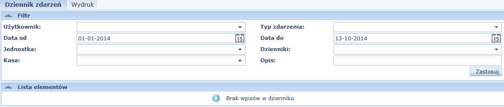 Finanse Rysunek 9. Formularz opisujący pola filtra w Dzienniku zdarzeń. Wprowadzone filtry zatwierdzamy przyciskiem Zastosuj, celem rozpoczęcia wyszukiwania.