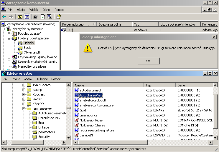 po zresetowaniu systemu udziały te pojawiają się znowu. Trwałe wyłączenie uzyskamy poprzez narzędzie regedit.