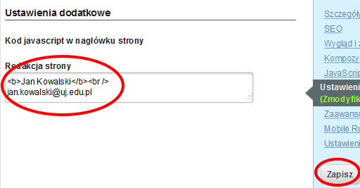 Po pojawieniu się okna Zarządzaj stroną z prawej strony wybieramy zakładkę Ustawienia dodatkowe.