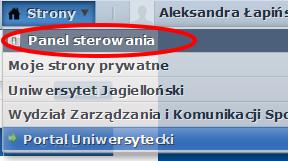 Teraz drugi sposób na wejście do tworzenia zawartości nowej strony. Należy najechać myszką na napis Strony w prawym, górnym rogu ekranu i wybrać Panel sterowania.