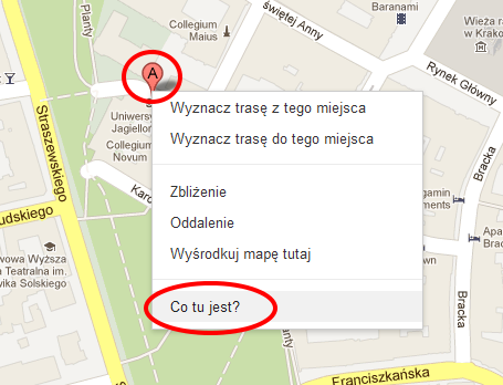 W polu wyszukiwarki zostaną wyświetlone współrzędne geograficzne budynku. Należy je skopiować i umieścić w szablonie wizytówki, wklejając je w pole wspolrzedne.