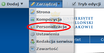 Jeżeli najedziemy na Dodaj, wyświetli się lista zawierająca podstawowe portlety: widok zawartości stron, nawigacja, nawigacja okruszkowa, wiki, blogi.