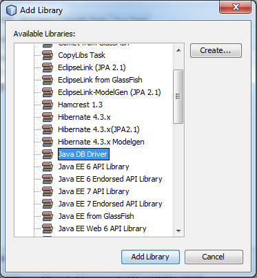 Wybierz z listy sterownik Java DB Driver i kliknij Add Library. 17.