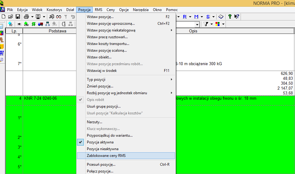 Norma PRO 4.42 - maj 2013: Program główny: 1. Dodano możliwość blokowania zmiany cen RMS zaznaczonych pozycji.