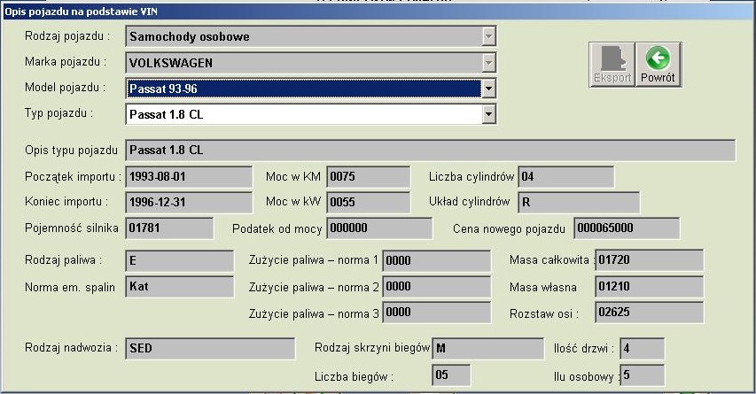 VIN). Katalog zwraca dane jak poniżej w przykładzie zwrócono dane dla numeru WVWZZZ3AZRE201031: 7.