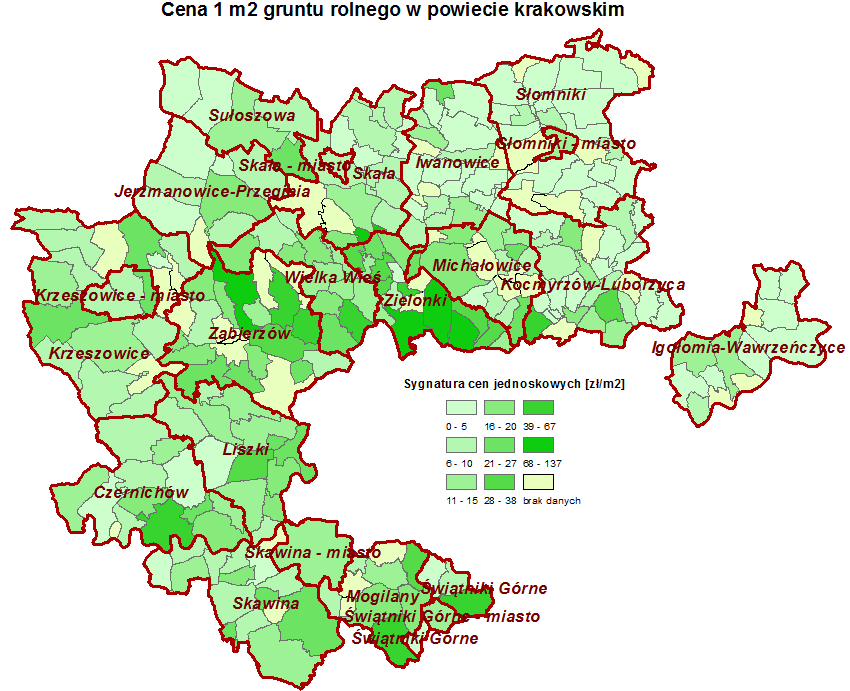 Rysunek 3. Przeciętne ceny jednostkowe nieruchomości gruntowych o przeznaczeniu rolnym (zieleń) na terenie sołectw powiatu krakowskiego w latach 213-214.