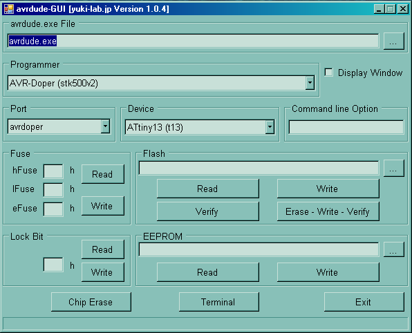 1 Avrdude + avrdude-gui Programator zainstalowany jako HID lub COM (wersja dużo wolniejsza trzeba trochę poczekać zanim zareaguje)