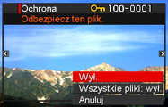 Ochrona zdjęcia przed usunięciem (Ochrona) Procedura [p] (PLAY) * [MENU] * Zakładka PLAY * Ochrona Wł. Wszystkie pliki: wł. Chroni określone pliki.
