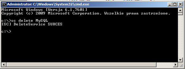 Następnie należy uruchomić konsolę tekstową cmd i wykonać polecenie sc