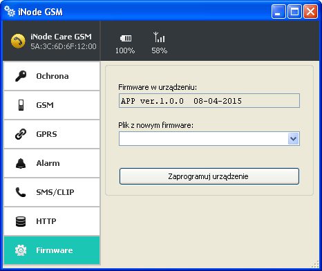 Po wybraniu zakładki Firmware pojawi się następujące okienko: W polu Firmware w urządzeniu wyświetlana jest wersja firmware znajdująca się w urządzeniu i data jego utworzenia.