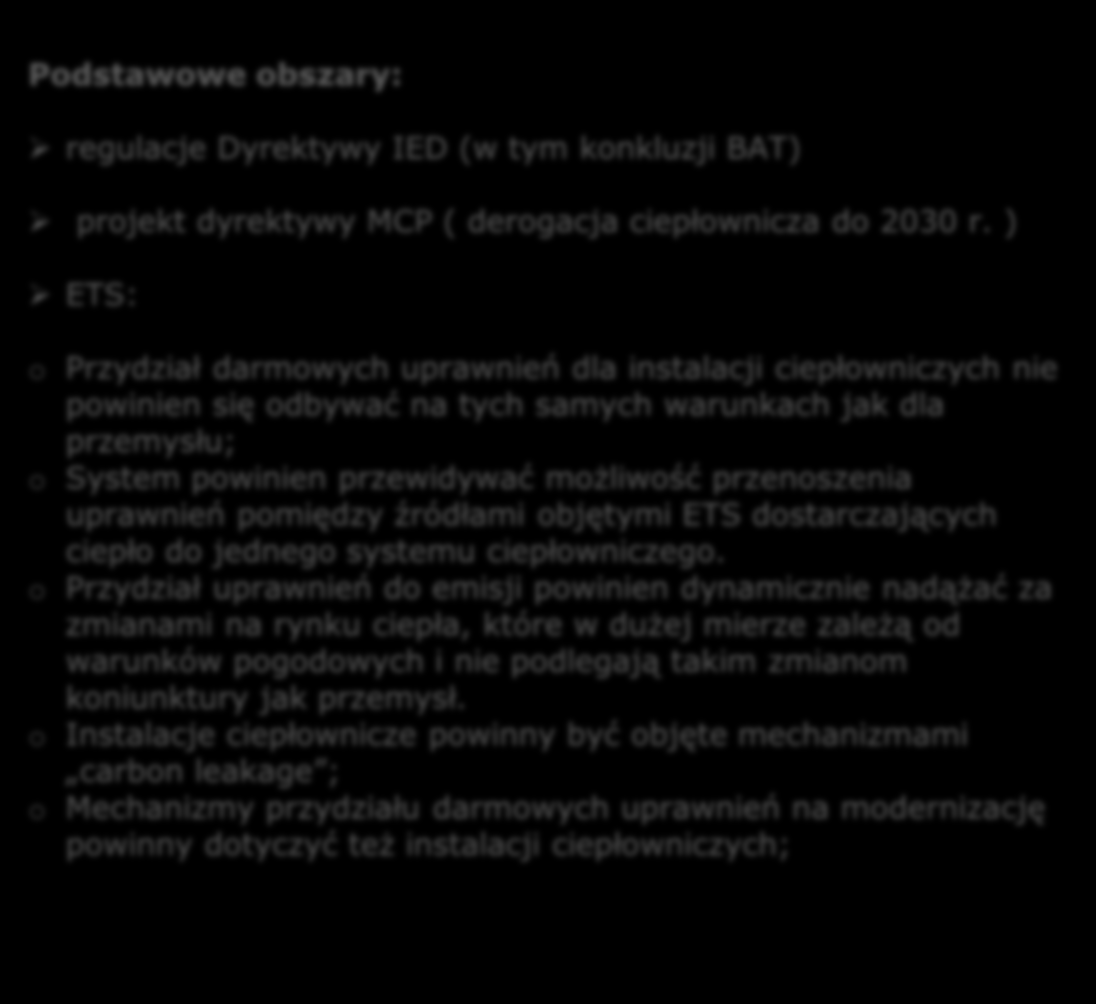 Wypełnienie standardów emisyjnych Podstawowe obszary: regulacje Dyrektywy IED (w tym konkluzji BAT) projekt dyrektywy MCP ( derogacja ciepłownicza do 2030 r.