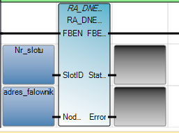 Str. 14 / 19 DeviceNet w sterownikach Micro800 Dodajemy do nowego rungu: RA_DNET_NODE_STATUS Ten UDFB służy do odczytu stanu