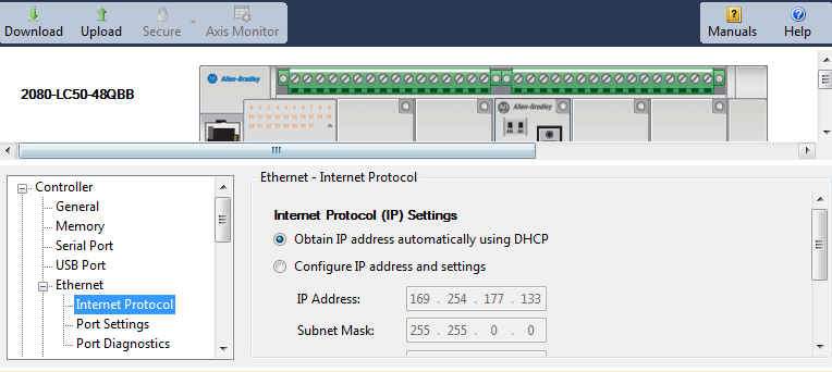 Str. 17 / 19 DeviceNet w sterownikach Micro800 Wgrywanie programu. Przed wgraniem programu należy sprawdzić ustawienia portu Ethernet.