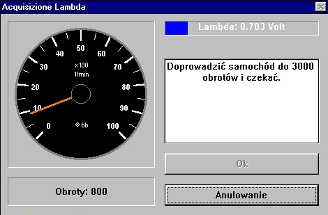 Na ekranie pojawia si okno z obrotomierzem, instrukcj oraz moliwoci wyboru typu układu zapłonowego. Po wyborze odpowiedniej konfiguracji zatwierdzamy ustawienia klikajc OK.