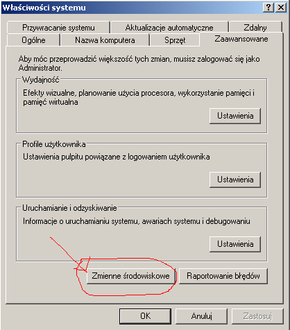 klikamy wyjście Ustawiamy zmienną środowiskowa w WINDOWS XP: Klikamy prawym klawiszem myszy na ikonę Mój komputer i wybieramy Właściwości/Zaawansowane/Zmienne Środowiskowe - Wybieramy zmienną Path i