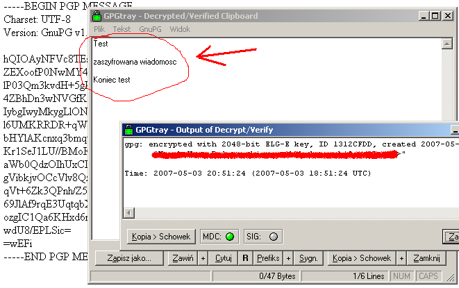 Po wybraniu tej opcji zostaniemy poproszeni o podanie tajnego hasła (passphrase) Po wpisaniu poprawnego hasła zdeszyfrowana informacja pojawi się w nowym oknie tak jak to pokazano