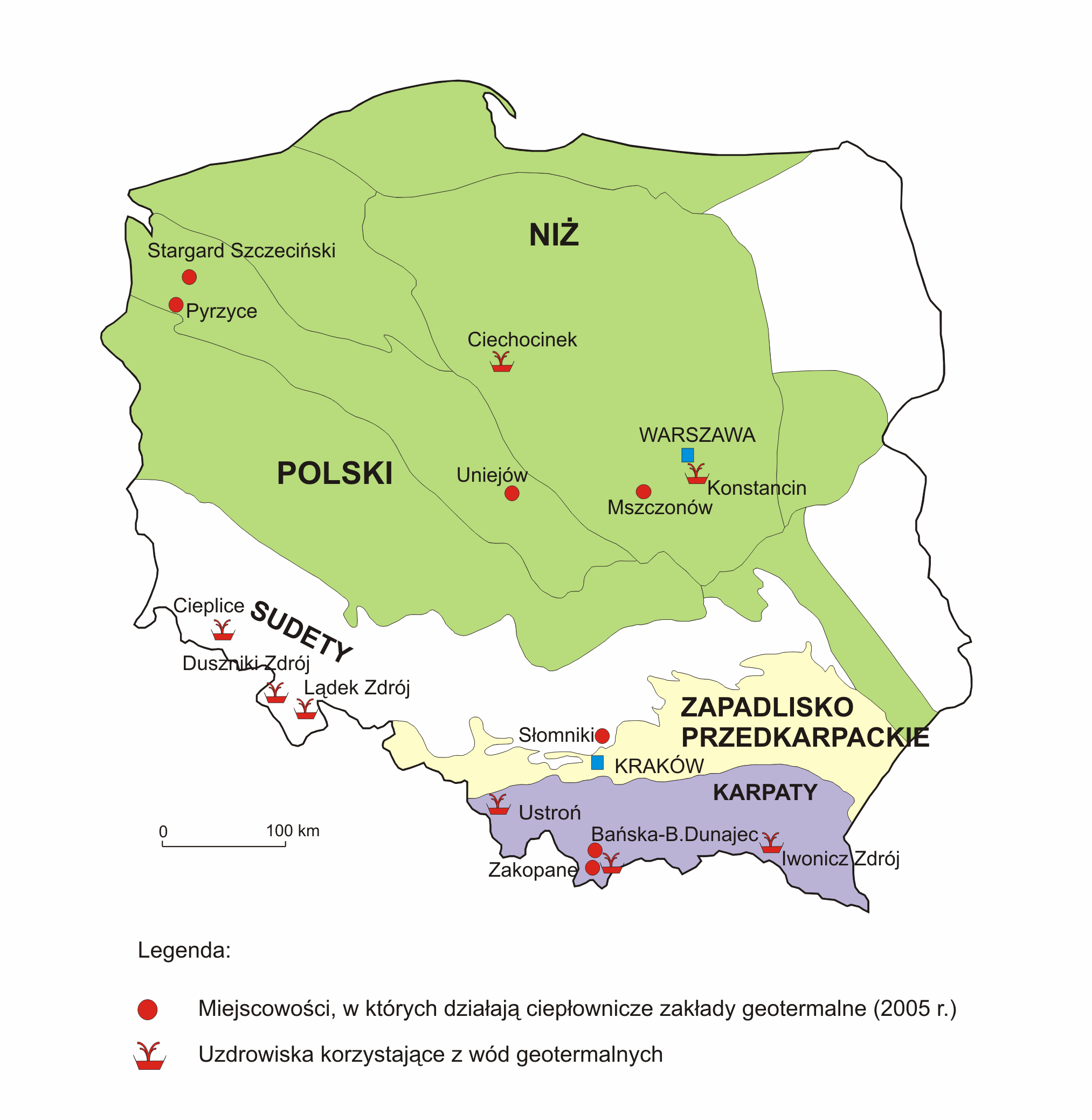 Lokalizacja funkcjonujących zakładów geotermalnych (z wyłączeniem instalacji wykorzystujących ciepło gruntu) i balneologicznych w Polsce na tle jednostek geotermalnych (wg.