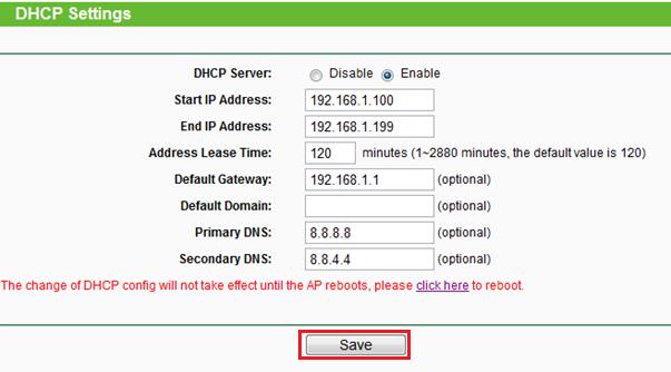 Krok 8 Po zalogowaniu się należy wyjść z Quick Setup naciskając EXIT, a następnie przejść do zakładki DHCP i uzupełnić tak jak na obrazku: Zatwierdzić przyciskiem SAVE.